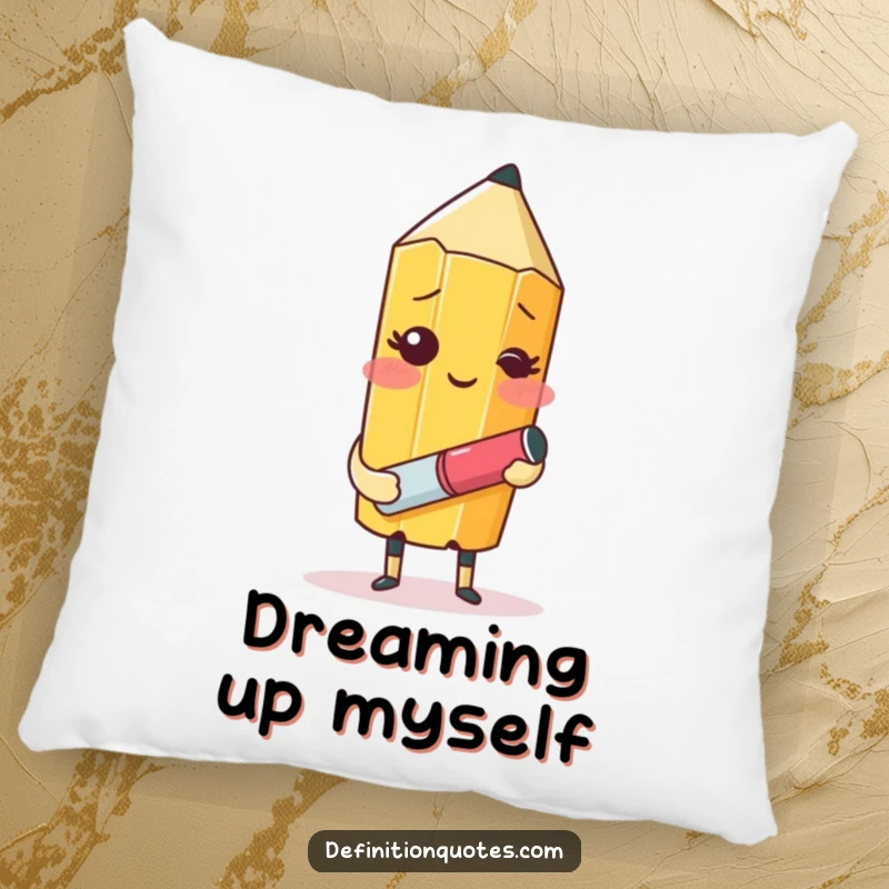Funny plush pillow featuring a blushing pencil character with an eraser, humorously attempting to sketch itself, adding comfort and humor.