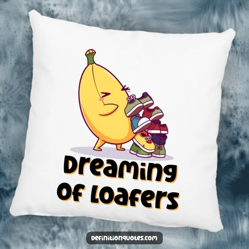 Funny pillow featuring a winking banana character precariously balancing numerous tiny, mismatched shoes. Soft and humorous.