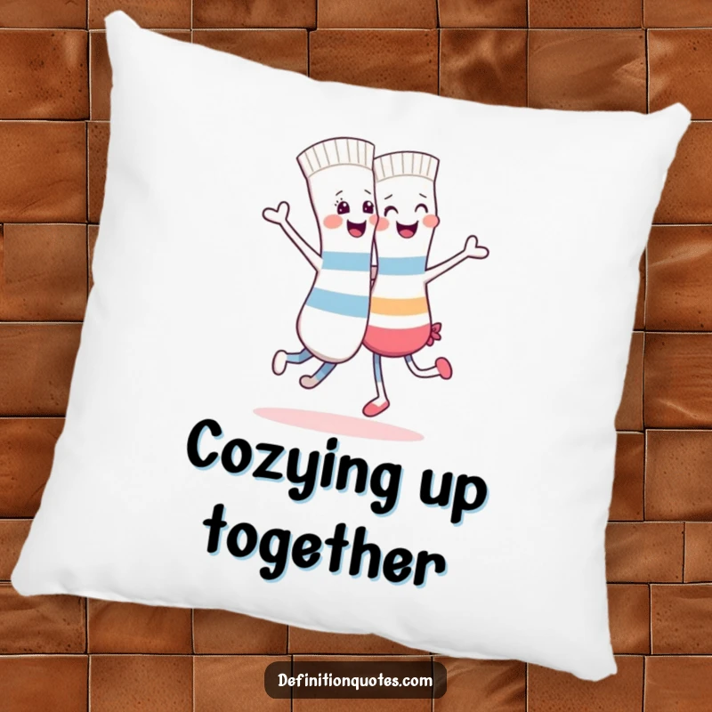 Funny plush pillow featuring a cheerful sock partner dancing merrily with its odd, mismatched counterpart.