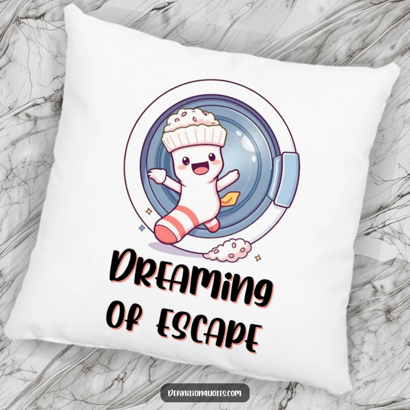 Funny sock character escaping a washing machine, leaving fluff, on a decorative pillow.