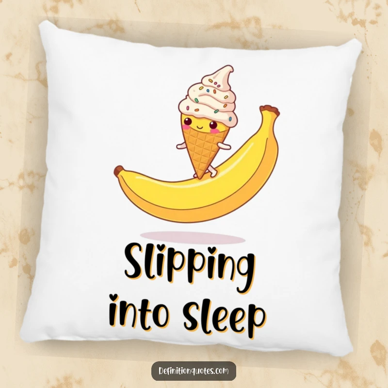 Funny Ice Cream Cone Pillow: A clumsy, sprinkle-covered character slipping on a banana peel, a soft and humorous decorative pillow.