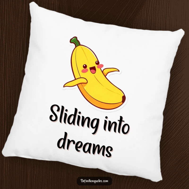 Funny Kawaii banana character with an ecstatic expression, sliding down its peel, offering soft and humorous comfort on a pillow.