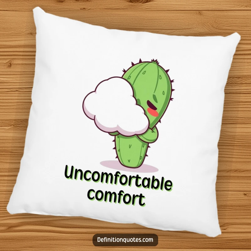 Funny Kawaii cactus character, looking uncomfortable while hugging a cloud, featured on a soft and humorous pillow.