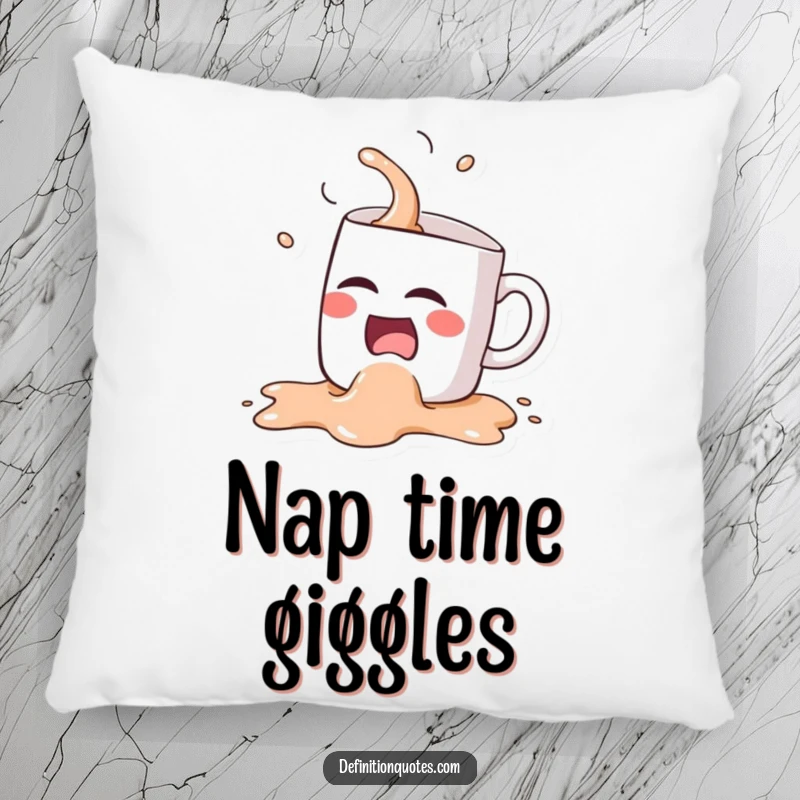 Funny Kawaii coffee mug character, hilariously spilling itself while laughing, featured on a soft and humorous pillow.