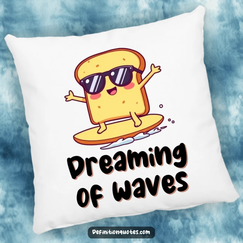 Funny Kawaii toast character wearing sunglasses, surfing a giant crumb, showcased on a soft pillow for maximum comedic comfort and appeal.