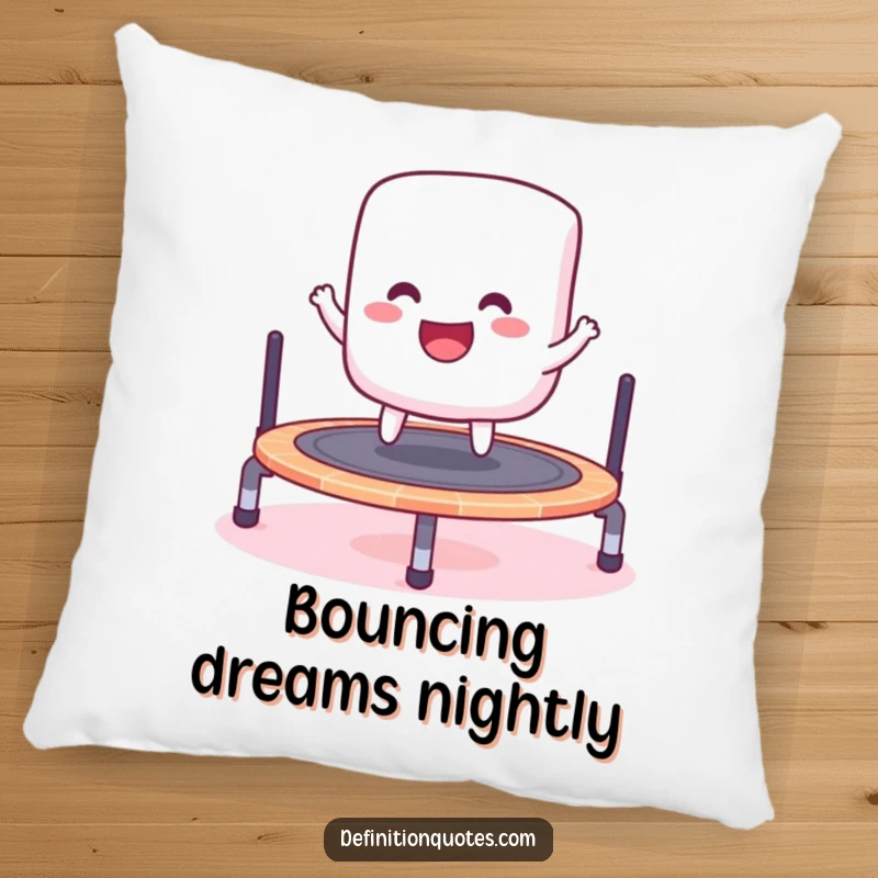 Funny pillow featuring a cheerful marshmallow bouncing gleefully on a miniature trampoline, designed for soft comfort.