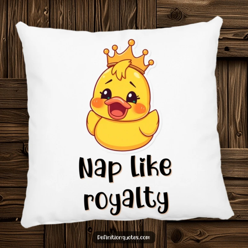 Funny Rubber Ducky Crown Pillow: Soft decorative pillow with a rubber ducky in a crown, its expression a mix of shocked delight, a funny accent.