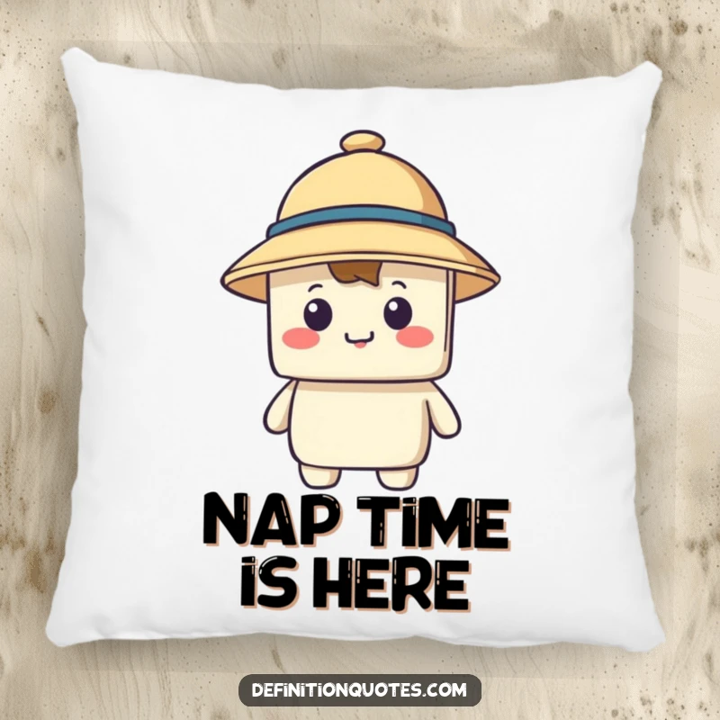 Funny throw pillow showing a happy blocky character wearing a comically small hat that covers its eyes, comfortable and humorous.