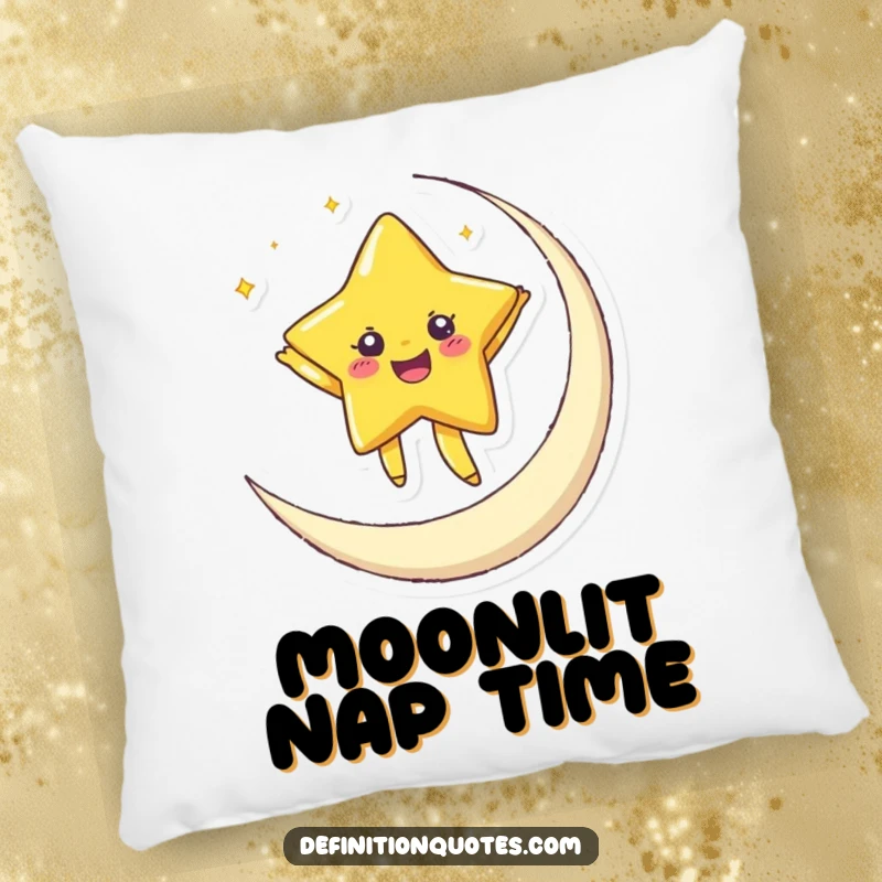Funny pillow with a joyful, twinkling star dancing on a crescent moon, offering soft comfort and celestial humor.