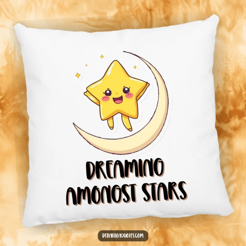 Funny pillow featuring a joyful star character with twinkling eyes dancing on a crescent moon, perfect for comfort.