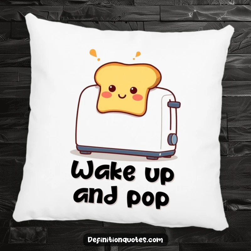 Funny pillow showing a smiling toast piece with a surprised expression, popping out of a toaster.