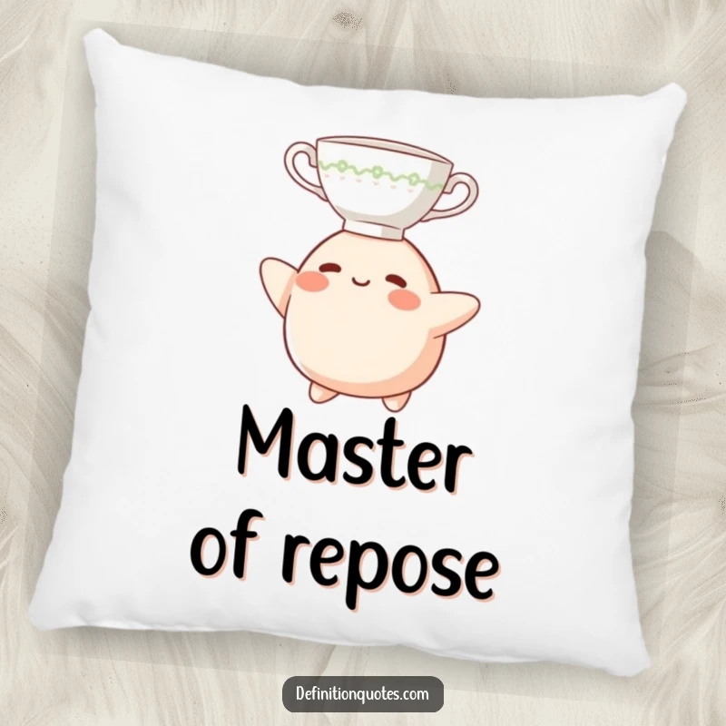 Funny Pillow: A small, happy blob character balancing a teacup on its head, offering comfort and a smile.