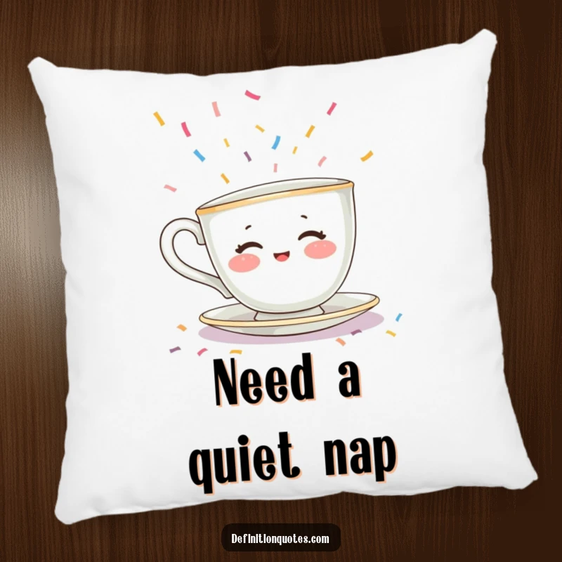 Funny pillow with a shy teacup character with rosy cheeks hiding from falling confetti, a humorous and cozy introvert gift.