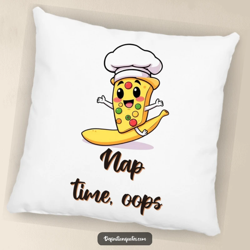 Funny pillow featuring a pizza slice chef in a hat slipping on a banana peel, adding humor to home decor.