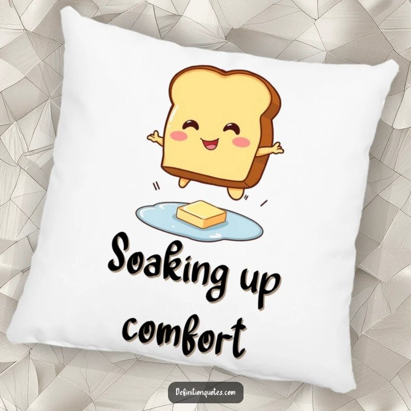 Funny pillow with a smiling toast character mid-jump over a small butter puddle, adding a humorous touch to any room.
