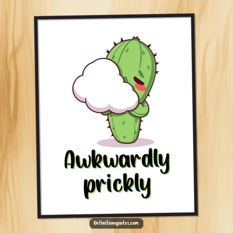 Funny Kawaii cactus character, looking uncomfortable while attempting to hug a fluffy cloud, presented as digital art for humorous decor.