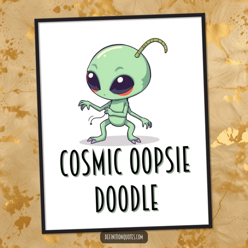 Funny clumsy alien tripping over its long bendy antennae, rendered as high-resolution digital art, perfect for humorous wall decor.