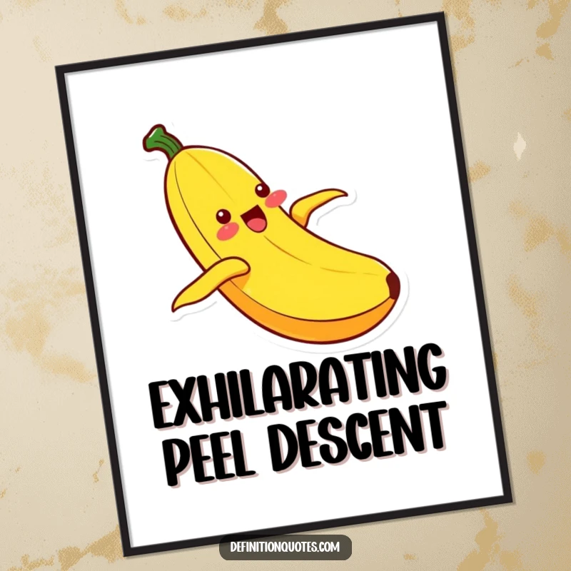Funny Kawaii banana character in ecstatic motion, sliding down its peel, a high-resolution digital download for instant humorous wall art.