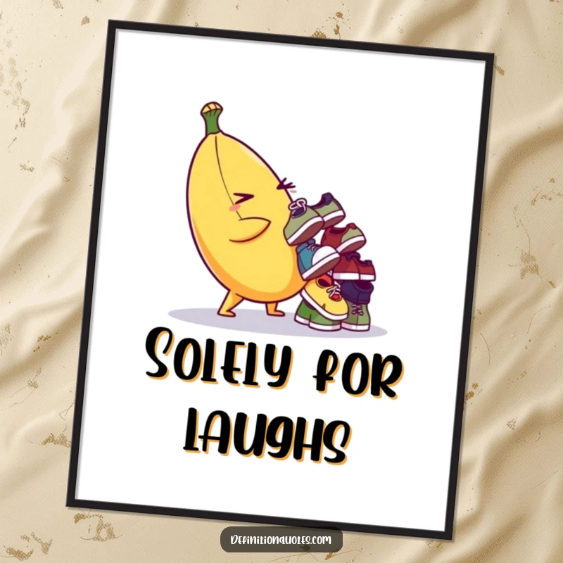 Funny digital art print of a winking banana character balancing a teetering pile of tiny, mismatched shoes. Instant decor.