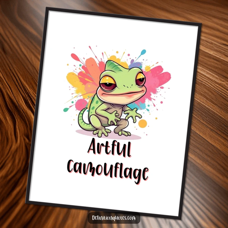 Funny digital art print of a sly chameleon hilariously trying to blend into a vibrant abstract paint splatter, perfect for artistic decor.