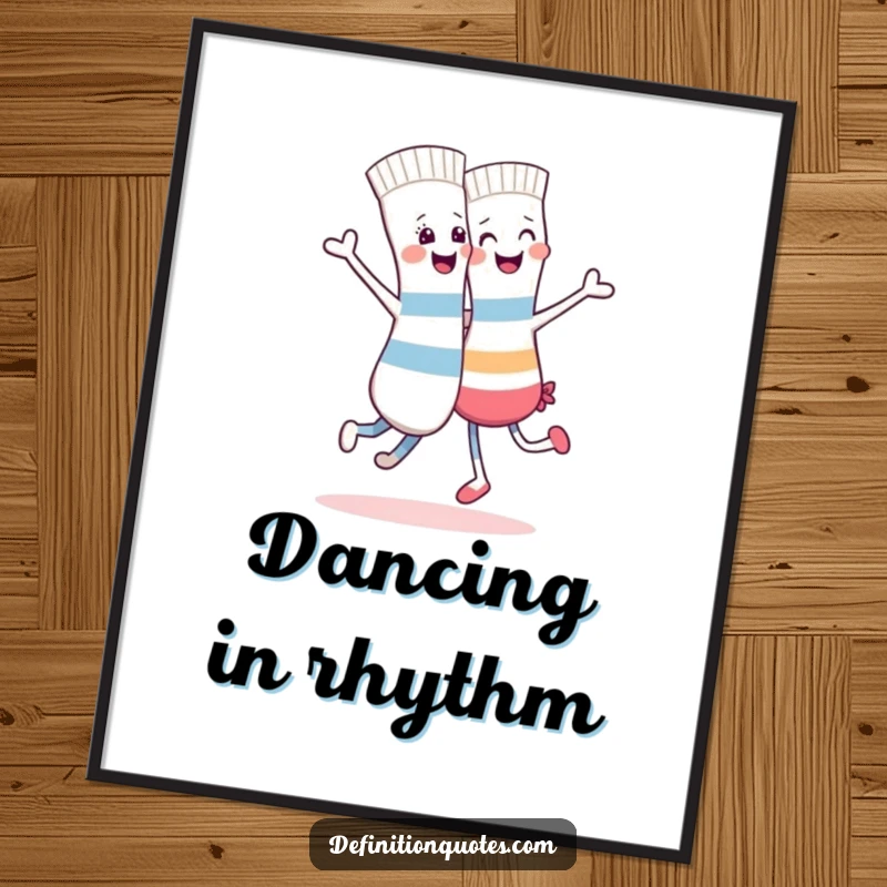 Funny digital art print of a happy sock character dancing energetically with its delightfully mismatched partner.