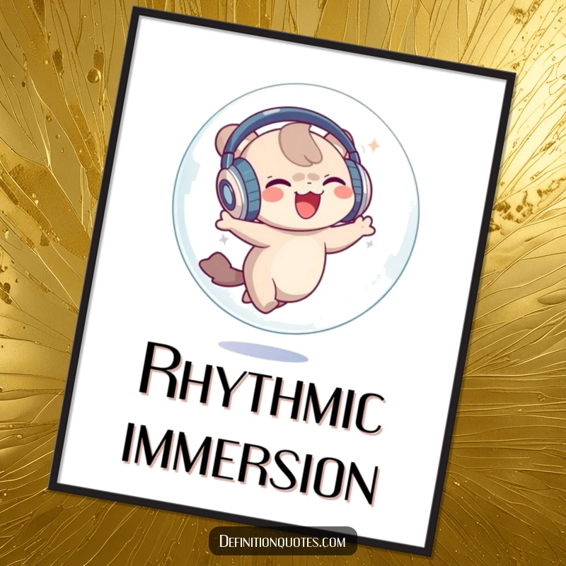 Funny Digital Art Print: A small creature with oversized headphones joyfully dancing inside a bubble, a vibrant and funny illustration.