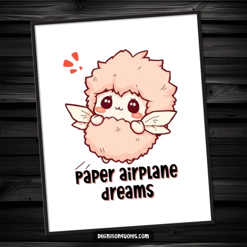 Funny bewildered fluffy slipper character with tiny paper wings attempting flight, digital art print.