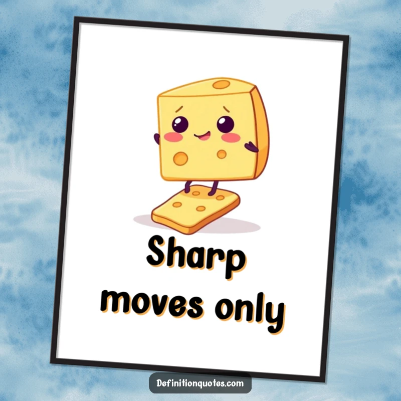 Funny digital art print of a giggling cheese wedge attempting to balance on a single cracker, perfect for humorous kitchen or dining decor.