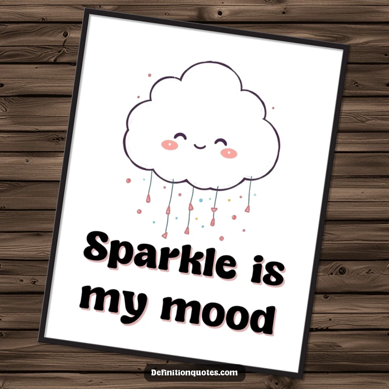 Funny digital art featuring a happy cloud character playfully raining large, shimmering glitter, ideal for vibrant decor.
