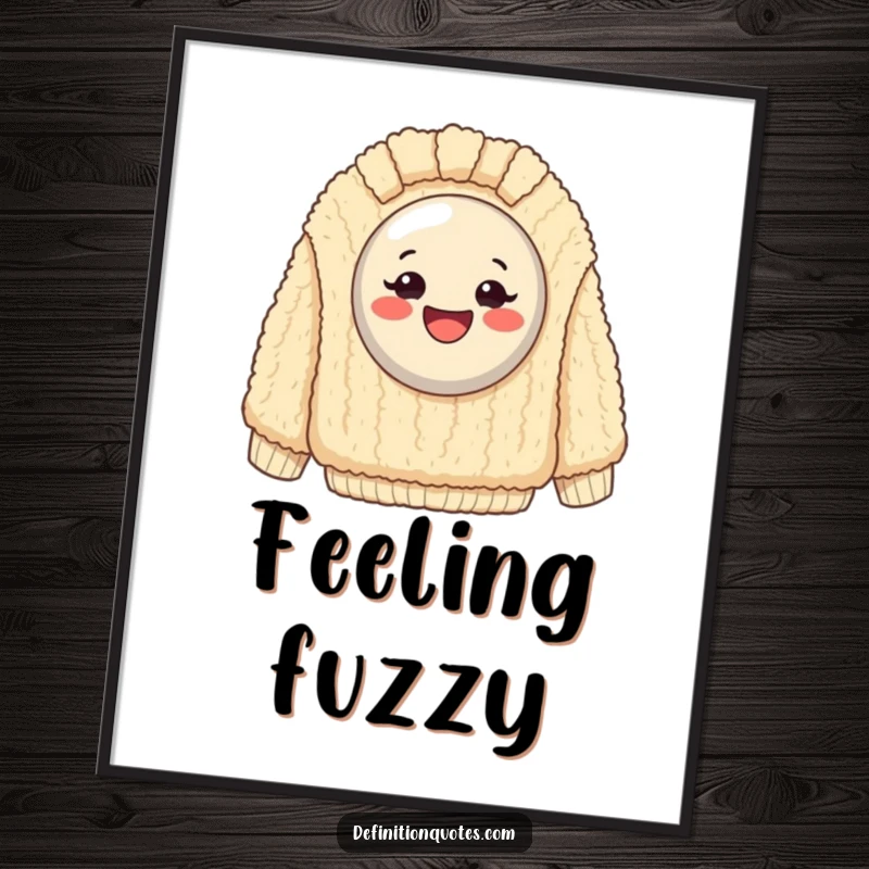 Funny Digital Art Print: Exaggeratedly happy button stuck on a giant, fuzzy sweater, perfect for cozy, humorous decor.