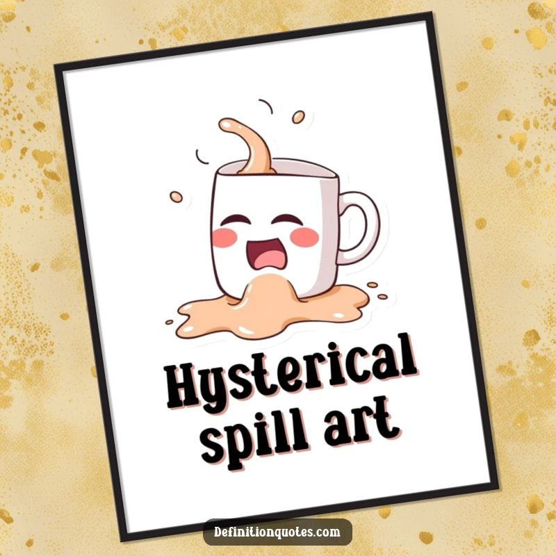 Funny Kawaii coffee mug character, spilling its coffee while laughing hysterically, presented as digital art for humorous decor.