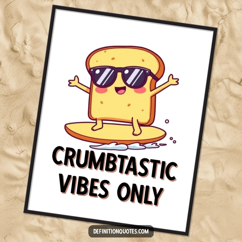 Funny Kawaii toast character with sunglasses surfing a giant crumb, presented as digital art, ready to be printed for humorous wall decor.