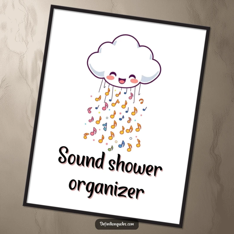 Funny digital art print of a cheerful rain cloud character spilling tiny, sparkly musical notes, perfect for musical and whimsical decor.