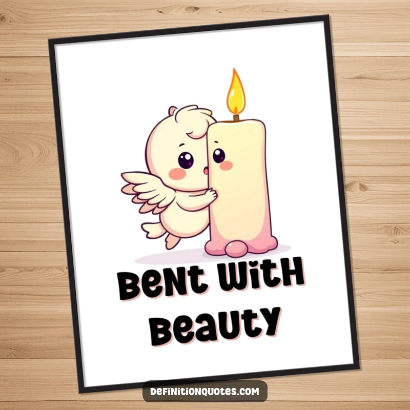 Funny digital art print of a playful winged character gently bumping into a rainbow, ready to print and frame.