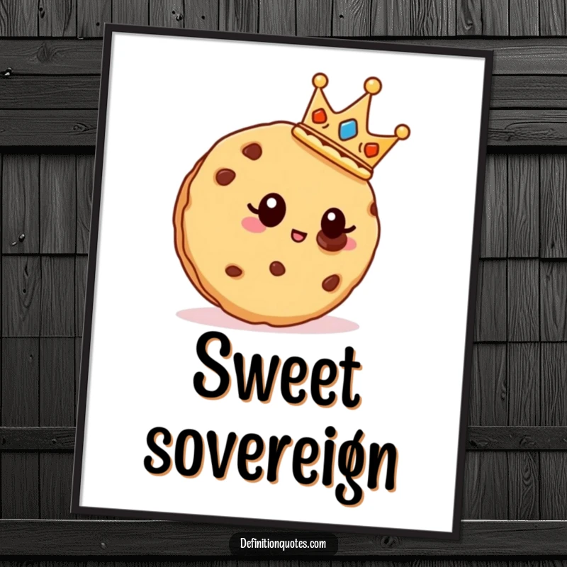 Funny cookie character wearing a crown, admiring a chocolate chip, as digital art.