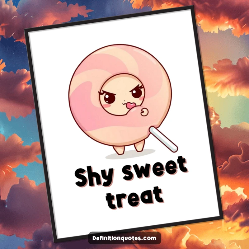 Funny shy donut character peeking from behind a giant, licked lollipop, as a digital art print.