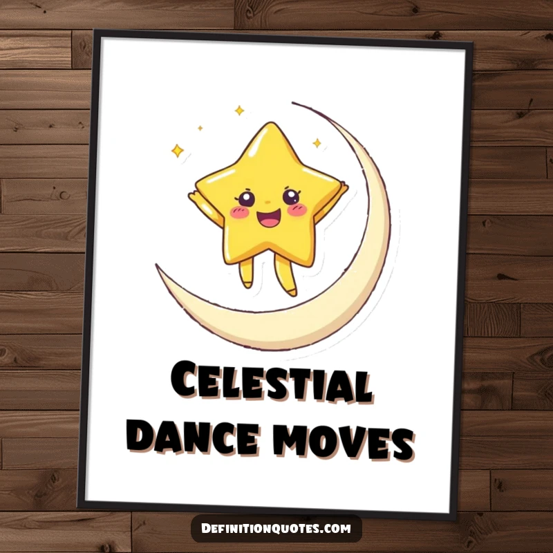 Funny digital art featuring a cheerful star character joyfully dancing on a crescent moon, creating a magical atmosphere.
