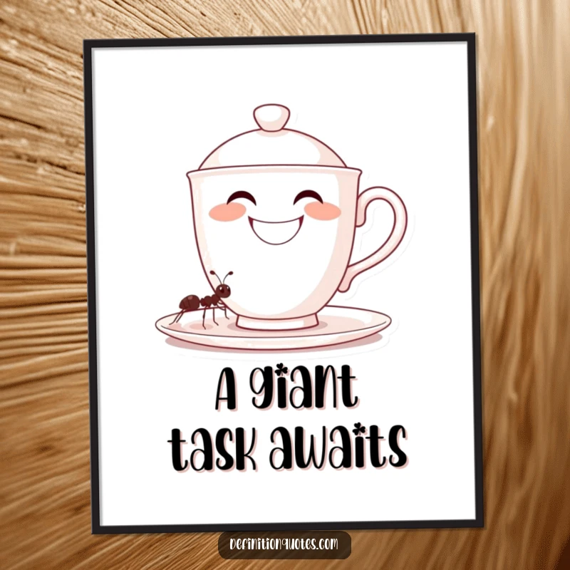 Funny, grinning oversized teacup character being filled by a tiny determined ant, as a digital art print, a perfect funny gift.