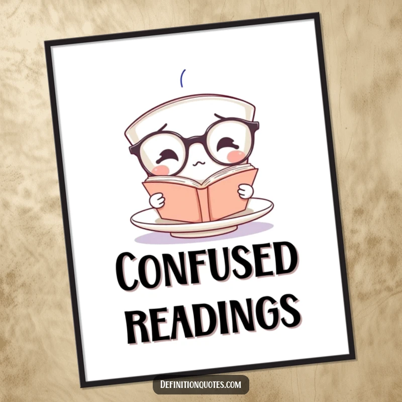 Funny teacup character with oversized glasses, confused by a book, as a digital art print, offering intellectual humor.