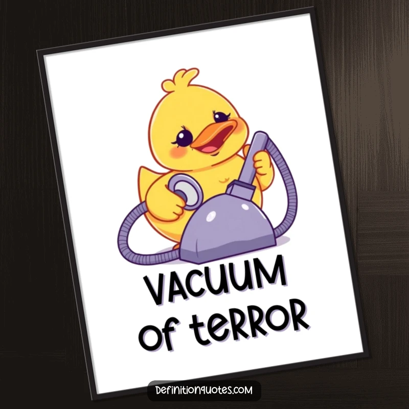 Funny terrified smiling rubber ducky powering a giant vacuum cleaner, digital art print.