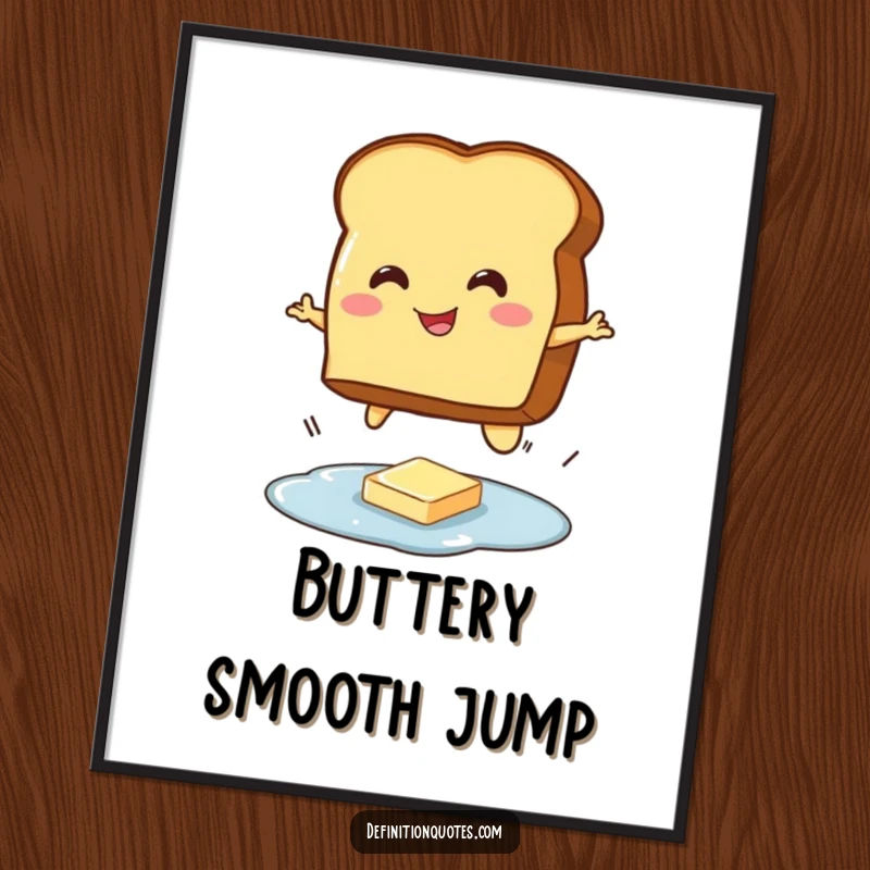 Funny digital art print of a smiling toast character attempting a jump over a tiny butter puddle, a whimsical breakfast scene.