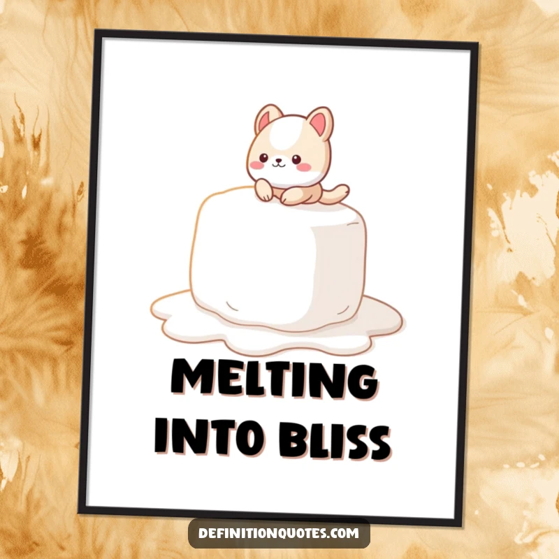 Funny Digital Art Print: A cute animal character comically slipping on a giant, melting marshmallow, a funny and sweet illustration.