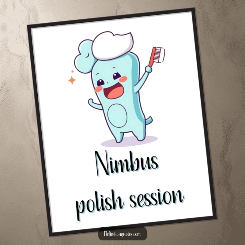 Funny Kawaii toothbrush character hilariously brushing a fluffy cloud, a high-resolution digital download for instant humorous wall art.