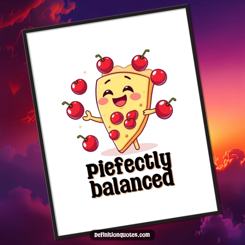 Funny slice of pie character laughing and juggling cherries like circus balls, presented as charming digital art for kitchens.