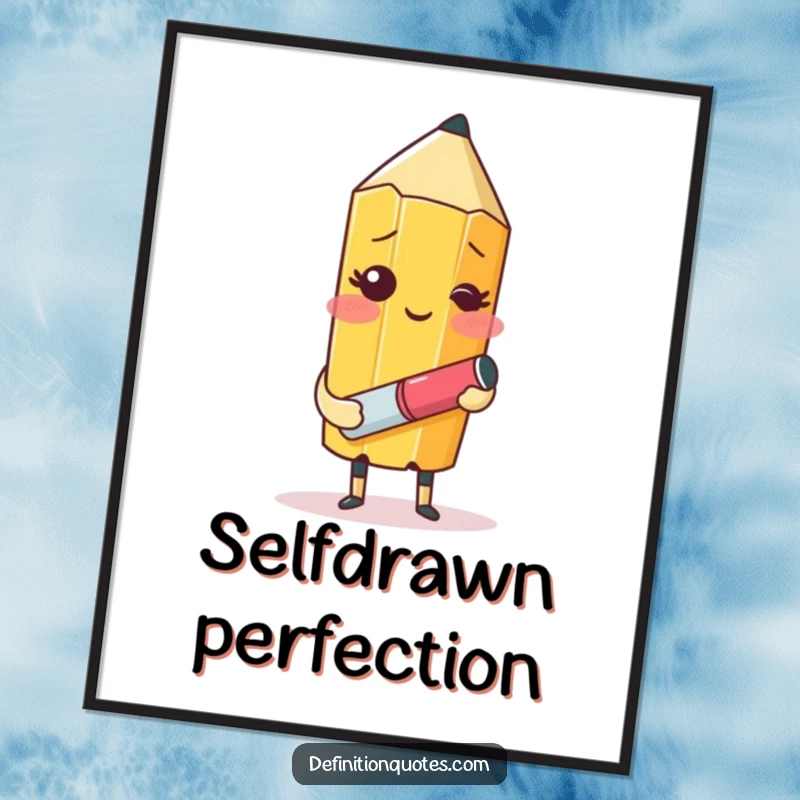 Funny digital art of a blushing pencil with an eraser, humorously attempting to draw itself, ready to be printed for home decor.