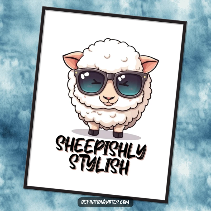 Funny digital art print: A cute, fluffy sheep character comically tries to wear oversized sunglasses, hilarious and stylish.