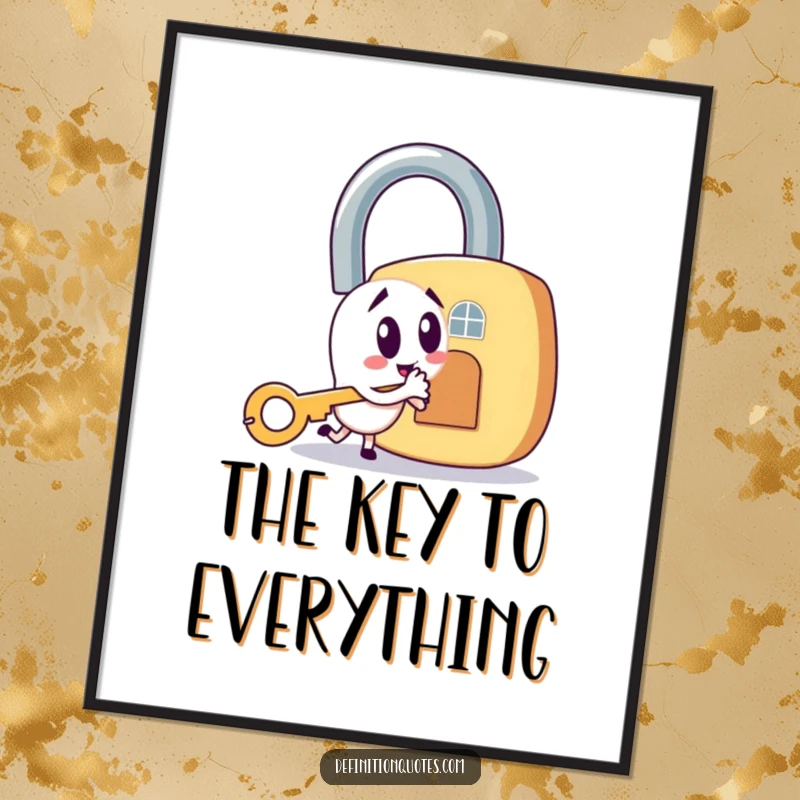 Funny digital art featuring a mischievous key character trying to unlock a giant padlock, symbolizing a humorous quest.