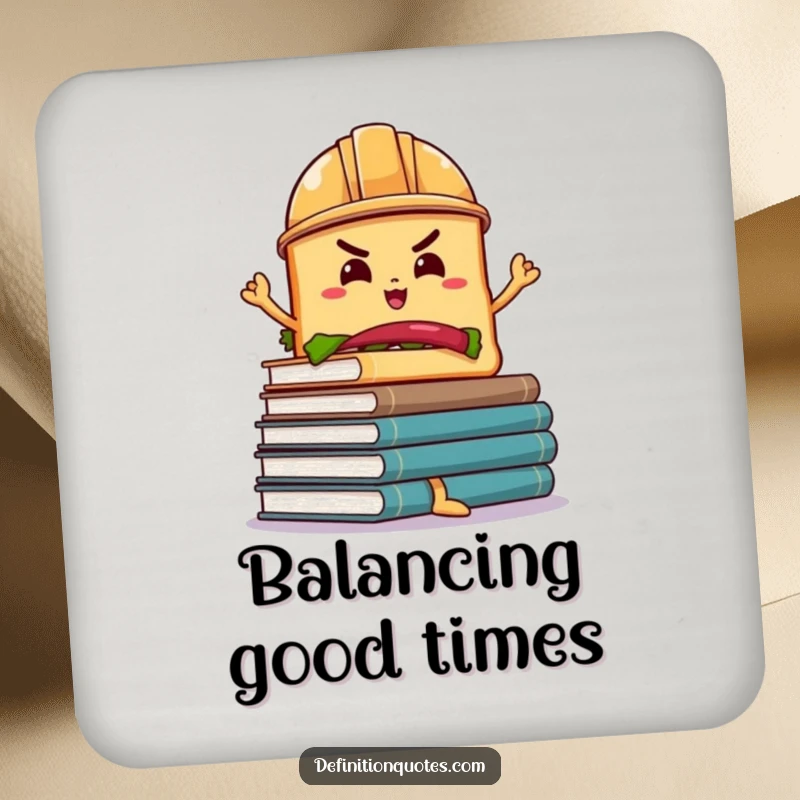 Funny Sandwich Hard Hat Coaster: A determined sandwich in a hard hat balances wobbly books, a stylish and funny protector.