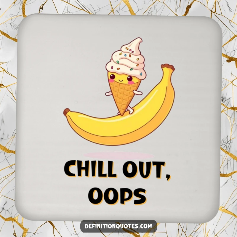 Funny Ice Cream Cone Coaster: A clumsy, sprinkle-covered character slipping on a banana peel, protecting surfaces with humor.