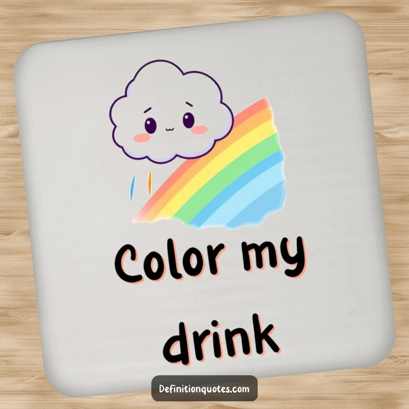 Funny drink coaster featuring a surprised cloud looking at a rainbow it accidentally created, perfect for whimsical drinks.